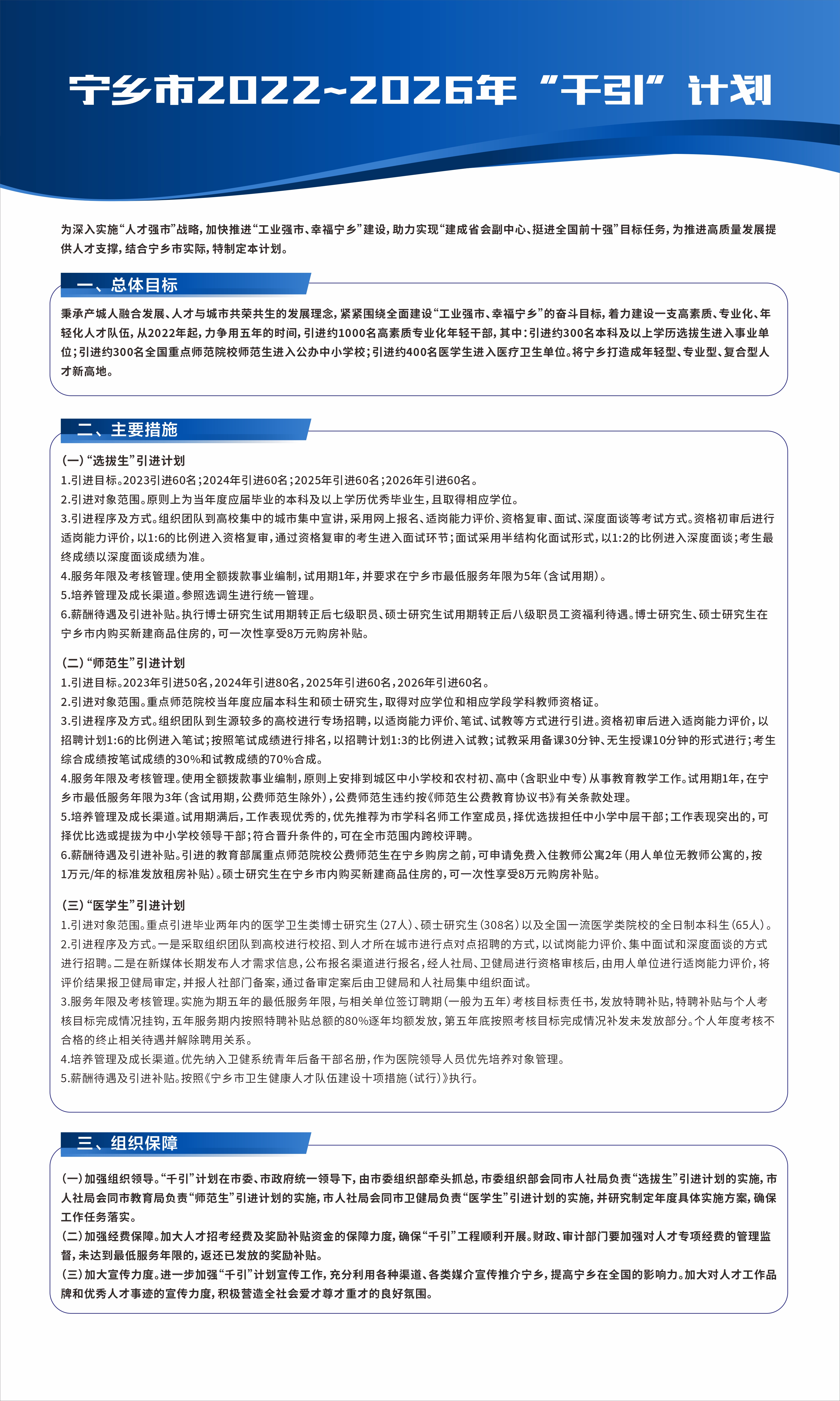 <p>宁乡市2022~2026年"千引”计划</p> <p>为深入实施“人才强市”战略,加快推进“工业强市、幸福宁乡”建设,助力实现“建成省会副中心、挺进全国前十强”目标任务,为推进高质量发展提</p> <p>供人才支撑,结合宁乡市实际,特制定本计划。</p> <p>一、总体目标</p> <p>秉承产城人融合发展、人才与城市共荣共生的发展理念,紧紧围绕全面建设“工业强市、幸福宁乡”的奋斗目标,着力建设-支高素质、专业化、年</p> <p>轻化人才队伍,从2022年起,力争用五年的时间,引进约1000名高素质专业化年轻干部,其中:引进约30名本科及以上学历选拔生进入事业单</p> <p>位;引进约300名全国重点师范院校师范生进入公办中小学校;引进约400名医学生进入医疗卫生单位。将宁乡打造成年轻型、专业型、复合型人</p> <p>才新高地。</p> <p>二、 主要措施</p> <p>(一)“选拔生”引进计划</p> <p>1.引进目标。2023引进60名;2024年引进60名;2025年引进60名;2026年引进60名。</p> <p>2.引进对象范围。原则.上为当年度应届毕业的本科及以上学历优秀毕业生,且取得相应学位。</p> <p>3.引进程序及方式。组织团队到高校集中的城市集中宣讲,采用网上报名、适岗能力评价、资格复审、面试、深度面谈等考试方式。资格初审后进行</p> <p>适岗能力评价,以1:6的比例进入资格复审,通过资格复审的考生进入面试环节;面试采用半结构化面试形式,以1:2的比例进入深度面谈;考生最</p> <p>终成绩以深度面谈成绩为准。</p> <p>4.服务年限及考核管理。使用全额拨款事业编制,试用期1年,并要求在宁乡市最低服务年限为5年(含试用期)。</p> <p>6.薪酬待遇及引进补贴。执行博士研究生试用期转正后七级职员、硕士研究生试用期转正后八级职员工资福利待遇。博士研究生、硕士研究生在</p> <p>宁乡市内购买新建商品住房的,可一次性享受8万元购房补贴。</p> <p>(二)“师范生”引进计划</p> <p>1.引进目标。2023年引进50名,2024年引进80名,2025年引进60名,2026年引进60名。</p> <p>2.引进对象范围。重点师范院校当年度应届本科生和硕士研究生,取得对应学位和相应学段学科教师资格证。</p> <p>3.引进程序及方式。组织团队到生源较多的高校进行专场招聘,以适岗能力评价、笔试、试教等方式进行引进。资格初审后进入适岗能力评价,以</p> <p>招聘计划1:6的比例进入笔试;按照笔试成绩进行排名,以招聘计划1:3的比例进入试教;试教采用备课30分钟、无生授课10分钟的形式进行;考生</p> <p>综合成绩按笔试成绩的30%和试教成绩的70%合成。</p> <p>4.服务年限及考核管理。使用全额拨款事业编制,原则上安排到城区中小学校和农村初、高中(含职业中专)从事教育教学工作。试用期1年,在宁</p> <p>乡市最低服务年限为3年(含试用期,公费师范生除外),公费师范生违约按《师范生公费教育协议书》有关条款处理。</p> <p>5.培养管理及成长渠道。试用期满后,工作表现优秀的,优先推荐为市学科名师工作室成员,择优选拔担任中小学中层干部;工作表现突出的,可</p> <p>择优比选或提拔为中小学校领导干部;符合晋升条件的,可在全市范围内跨校评聘。</p> <p>6.薪酬待遇及引进补贴。引进的教育部属重点师范院校公费师范生在宁乡购房之前,可申请免费入住教师公寓2年(用人单位无教师公寓的,按</p> <p>1万元/年的标准发放租房补贴)。硕士研究生在宁乡市内购买新建商品住房的,可一次性享受8万元购房补贴。</p> <p>(三)“医学生”引进计划</p> <p>1.引进对象范围。重点引进毕业两年内的医学卫生类博士研究生(27人)、硕士研究生(308名)以及全国一流医学类院校的全日制本科生(65人)。</p> <p>2.引进程序及方式。一是采取组织团队到高校进行校招、 到人才所在城市进行点对点招聘的方式,以试岗能力评价、集中面试和深度面谈的方式</p> <p>进行招聘。二是在新媒体长期发布人才需求信息,公布报名渠道进行报名,经人社局、卫健局进行资格审核后,由用人单位进行适岗能力评价,将</p> <p>评价结果报卫健局审定,并报人社部门门备案,通过备审定案后由卫健局和人社局集中组织面试。</p> <p>3.服务年限及考核管理。实施为期五年的最低服务年限,与相关单位签订聘期(一般为五年)考核目标责任书,发放特聘补贴,特聘补贴与个人考</p> <p>核目标完成情况挂钩,五年服务期内按照特聘补贴总额的80%逐年均额发放,第五年底按照考核目标完成情况补发未发放部分。个人年度考核不</p> <p>合格的终止相关待遇并解除聘用关系。</p> <p>4.培养管理及成长渠道。优先纳入卫健系统青年后备干部名册,作为医院领导人员优先培养对象管理。</p> <p>5.薪酬待遇及引进补贴。按照《宁乡市卫生健康人才队伍建设十项措施(试行)》执行。</p> <p>三、 组织保障</p> <p>(一)加强组织领导。“千引”计划在市委、市政府统-领导下,由市委组织部牵头抓总,市委组织部会同市人社局负责“选拔生”引进计划的实施,市</p> <p>人社局会同市教育局负责“师范生”引进计划的实施,市人社局会同市卫健局负责“医学生”引进计划的实施,并研究制定年度具体实施方案,确保</p> <p>工作任务落实。</p> <p>(二)加强经费保障。加大人才招考经费及奖励补贴资金的保障力度,确保“千引”工程顺利开展。财政、审计部门要加强对人才专项经费的管理监</p> <p>督,未达到最低服务年限的,返还已发放的奖励补贴。</p> <p>(三)加大宣传力度。进一步加强“千引”计划宣传工作,充分利用各种渠道、各类媒介宣传推介宁乡,提高宁乡在全国的影响力。加大对人才工作品</p> <p>卑和优秀人才事迹的宣传力度,积极营造全社会爱才尊才重才的良好氛围。</p>